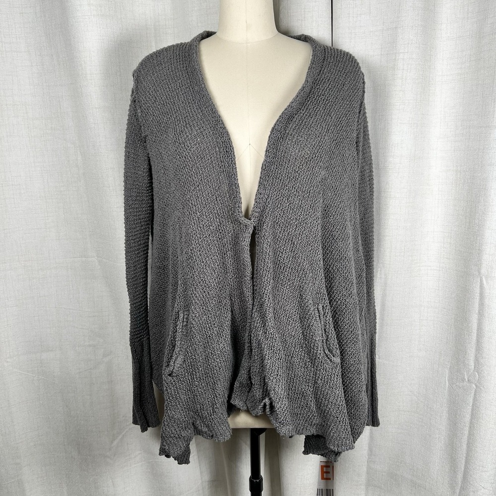 Free People Knit Cardigan Sweater Grey Boho Slouchy Cozy Snap Closure Size Large